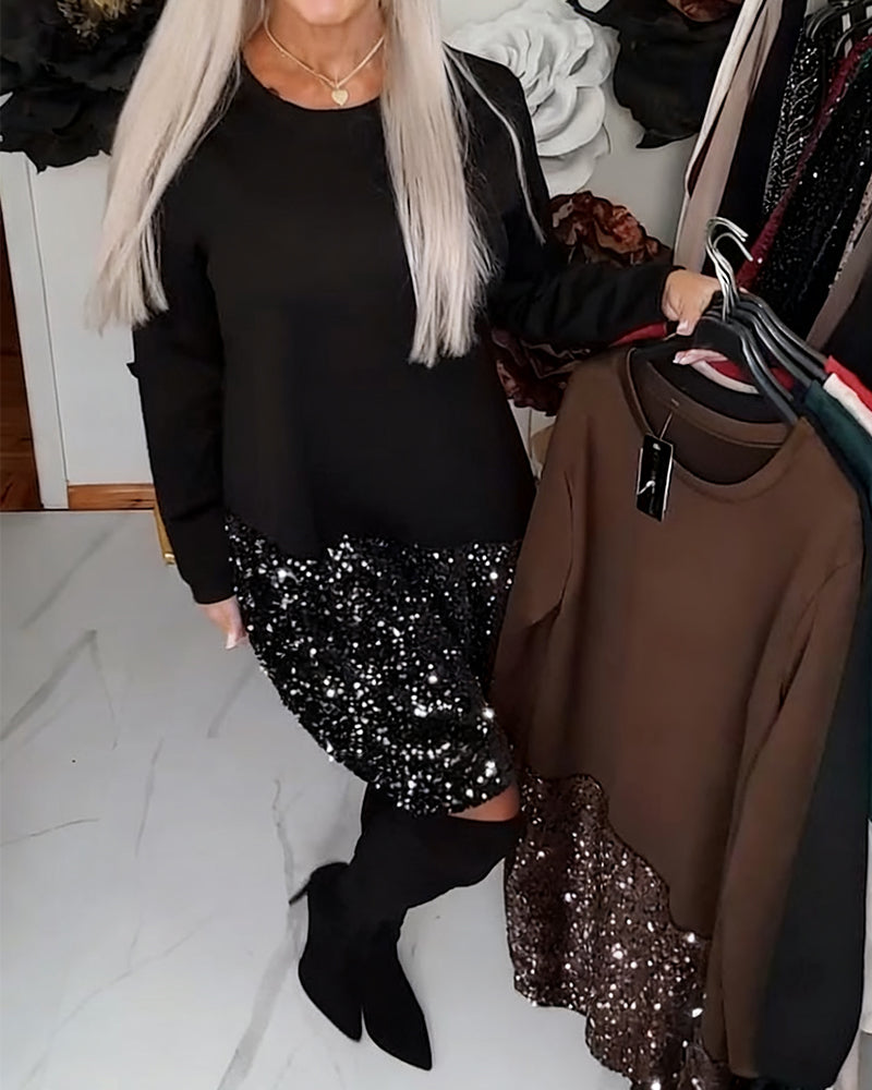 Klänning Rund Halsringning Långärmad Paillettfylld lappverk