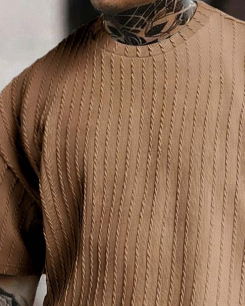 Herres Stripad T-Shirt Och Shorts Tvådelig Set Med Crew-Årning