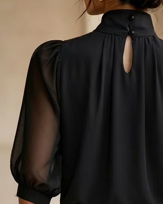 Blus Hög Hals Puffärm Armbågslång Chiffong