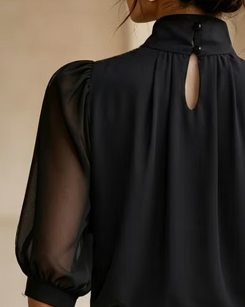 Blus Hög Hals Puffärm Armbågslång Chiffong