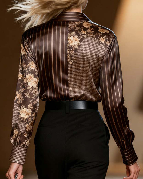 Blus med avslappnad rutig randigt tryck och lång ärm