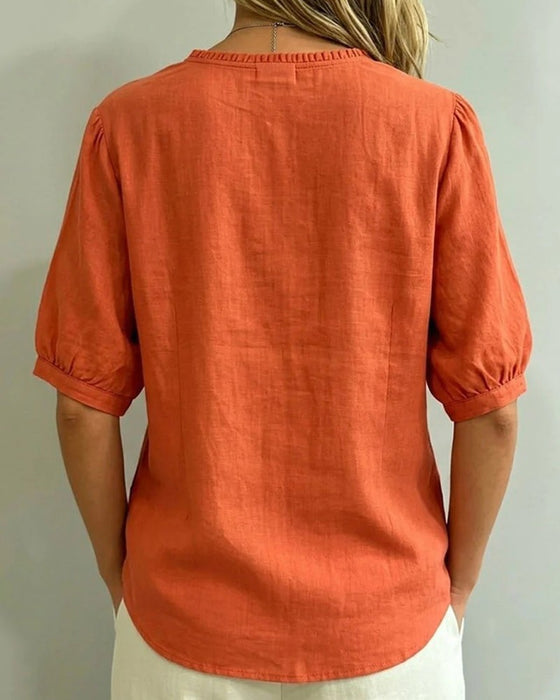 Blus Ruffle Trim Knapp Ficka