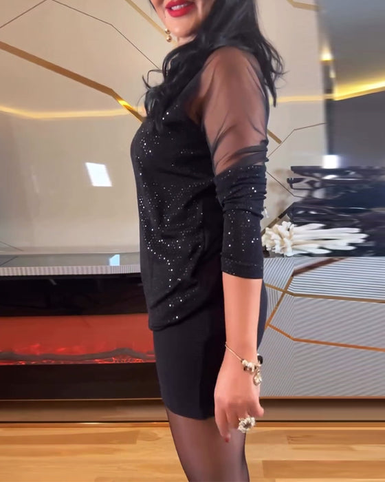 Topp sexig v-ringad mesh och enfärgad paljett