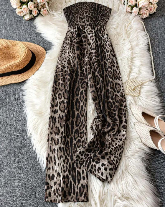 Jumpsuit Axelbandslös Leopard Tryck Bred Ben Midjeknyt