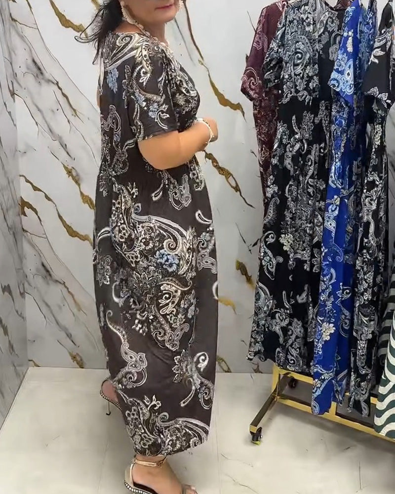 Klänning V-ringning Blommig Midjeraff Maxi