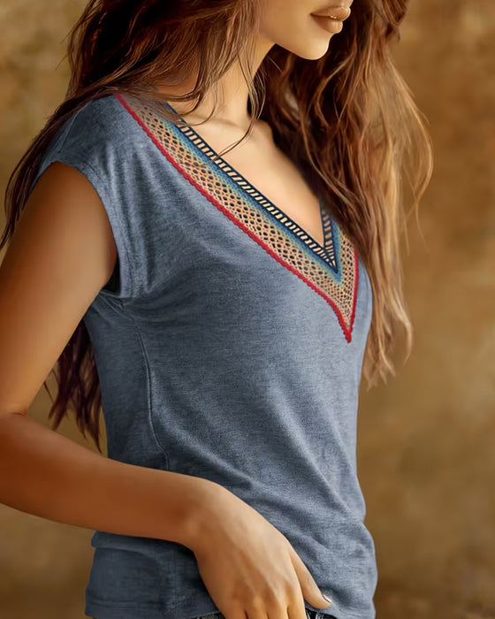T-Shirt Patchwork V-Hals Spets Kontrast
