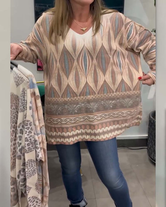 Topp Geometrisk Diamanttryck Långärmad V-Ringning