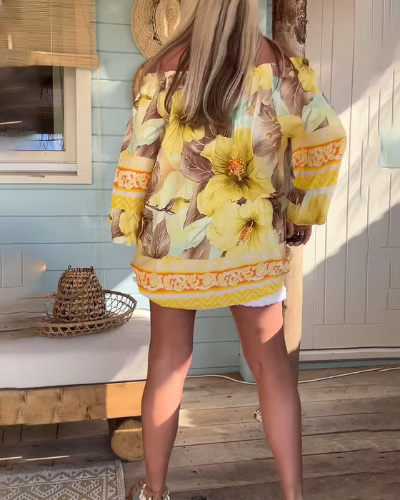 Blus Off-Shoulder Resorttryck