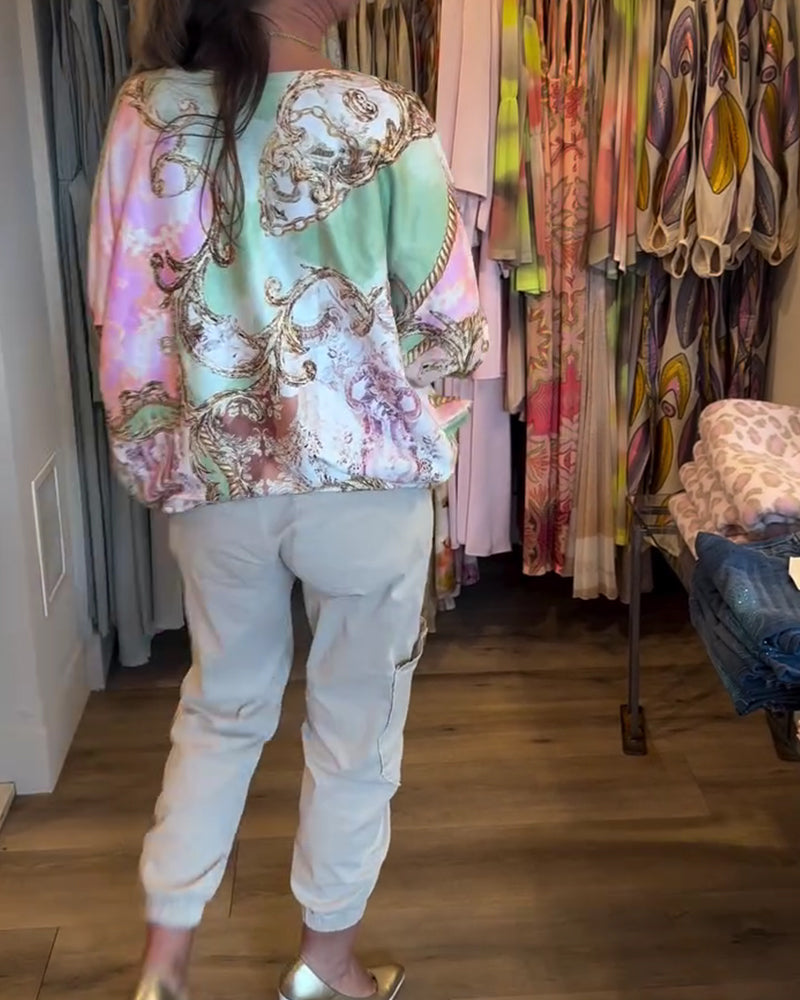 Topp Tryck Löst Drop Axel Lång Ärm