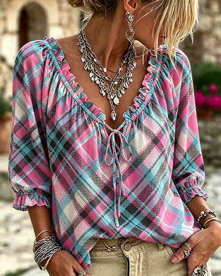 Blus Rysch Kant Knytband Fram Rutig