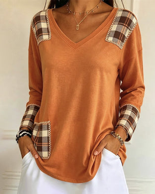 Topp Ruta Patchwork V-Hals Casual