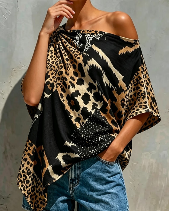 Blus Leopardmönster Patchwork Enaxlad