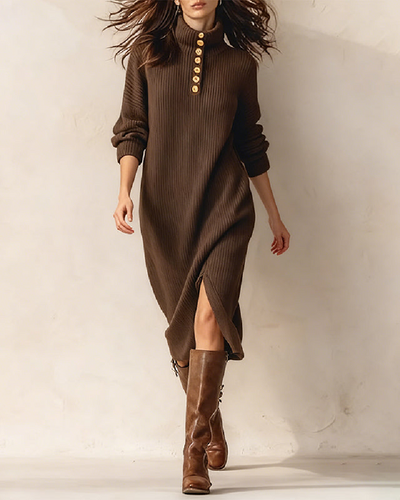 Klänning Med Hög Hals Design, Knapp Detalj Och Spaltad Nederkant