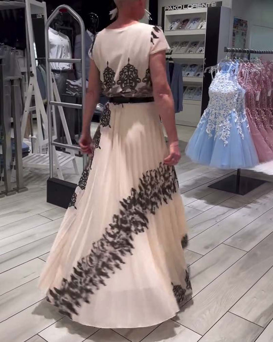 Vintage tryck plisserad elegant klänning