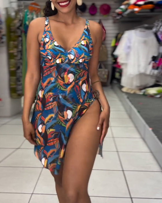 Baddräkt En-Del Färgglad Tryckt Slits Axelband