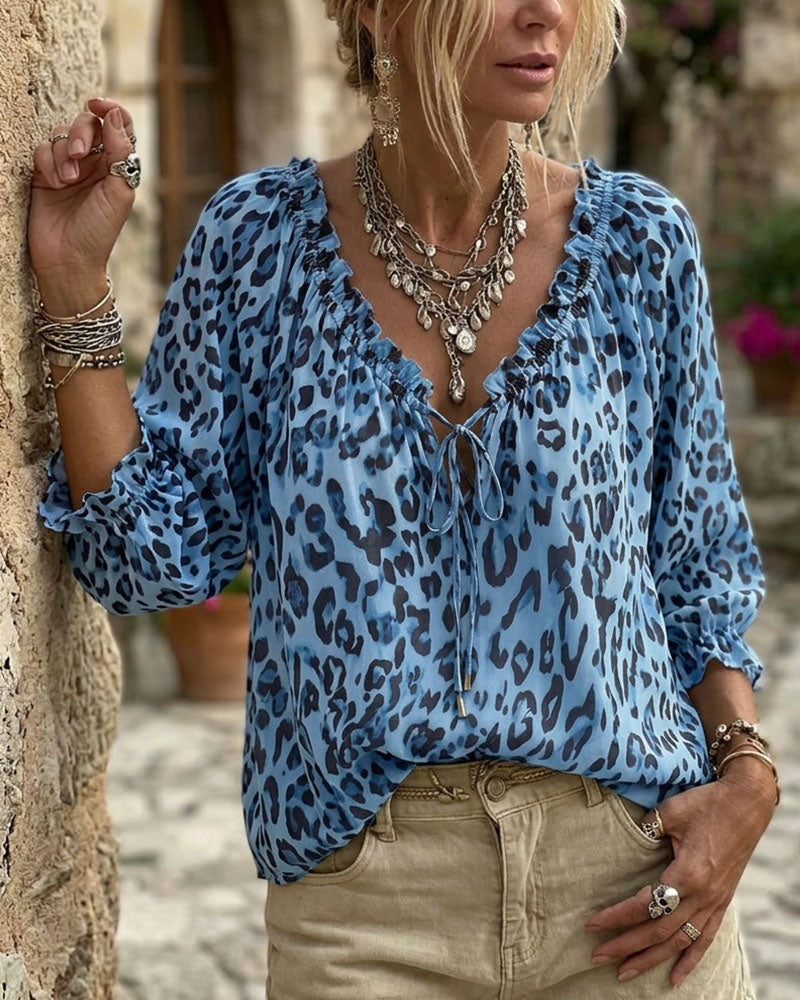 Blus Leopardtryck V-Hals Puffärm Snörning