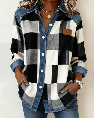 Skjorta Rutig Färgblock Denim Patchwork