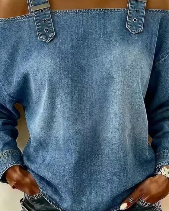 Blus Spagettiband Off-Shoulder Denim Metall Knapp