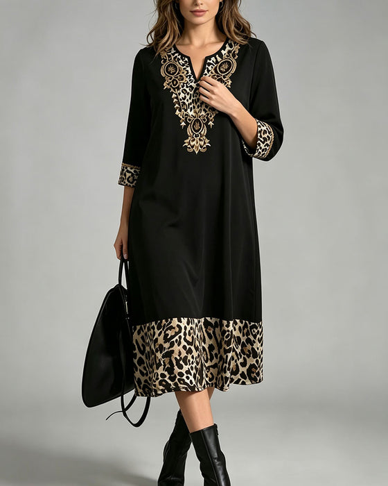 Dress Mini V-Hals Leopard Tryck Patchwork Löst