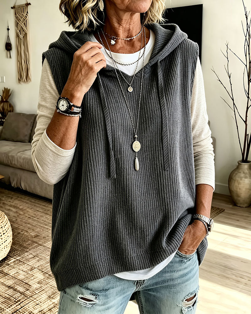 Linne Med Huva Räfflad Dragsko Pullover