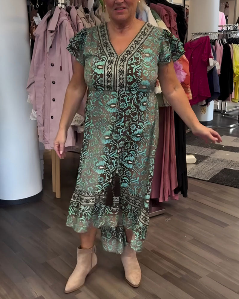 Klänning Retro Blommönstrad Mellanlång Ärm