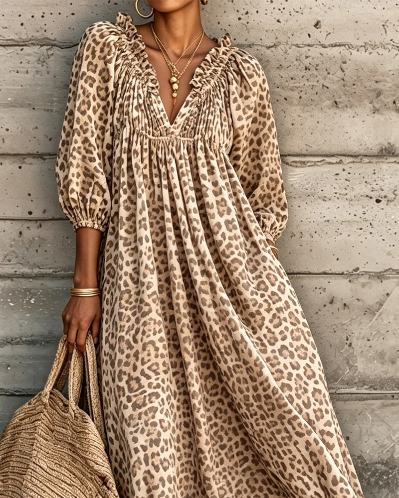 Klänning Leopard Tryck V-Hals Puff Ärm