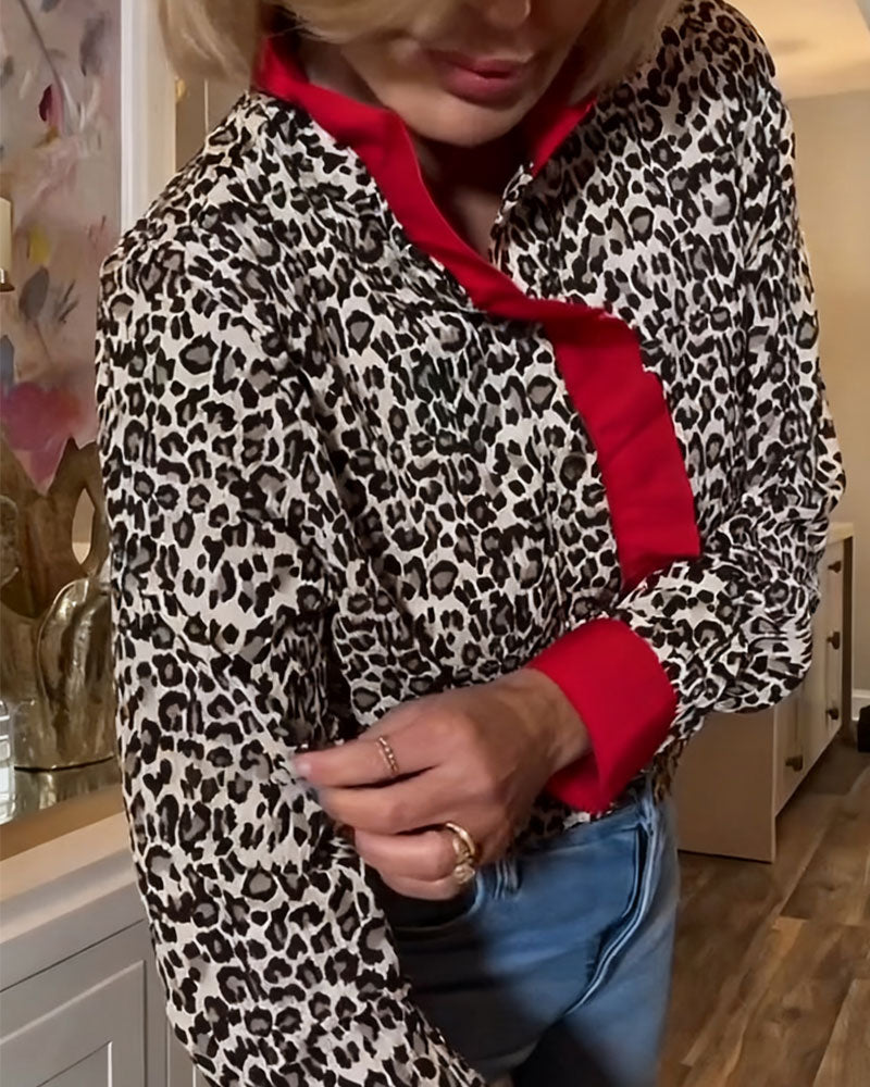 Blus Ryschad Leopardprint Färgblockad