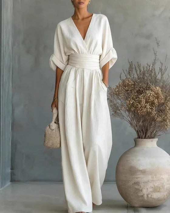 Jumpsuit V-Hals Kors Midjeknyt Bred Ben