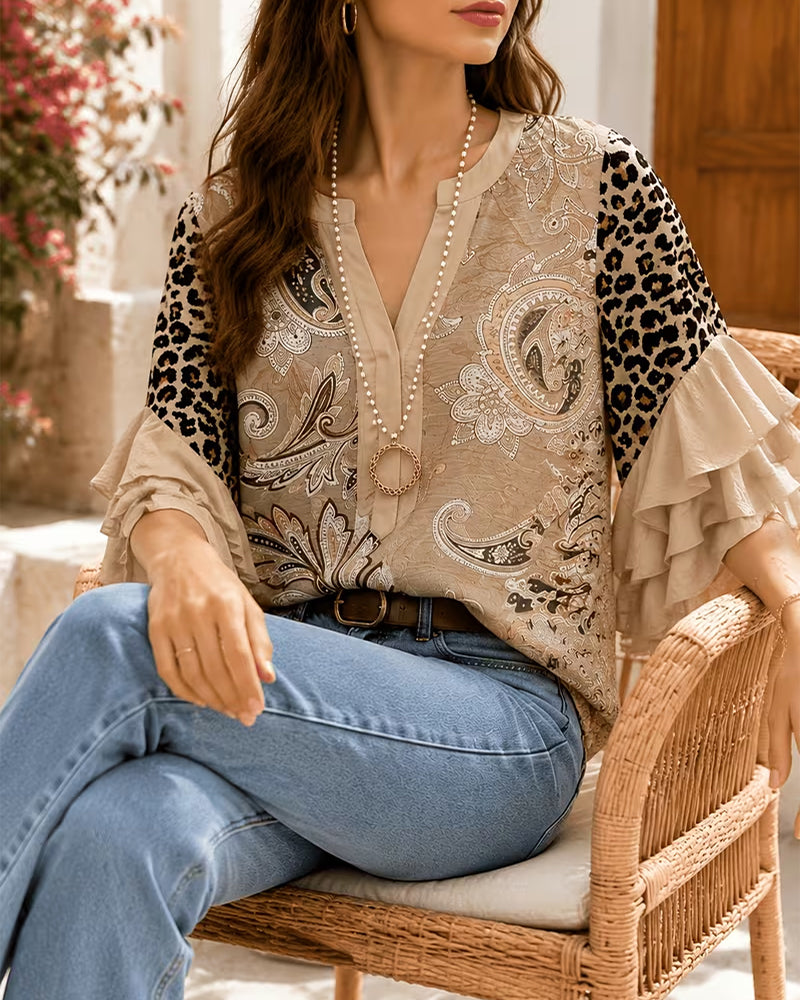 Blus Leopard Tryck Panel Ruffle Ärm