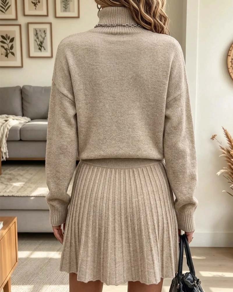 Set Hög Krage Pullover Lång Ärm Plisserad Kjol