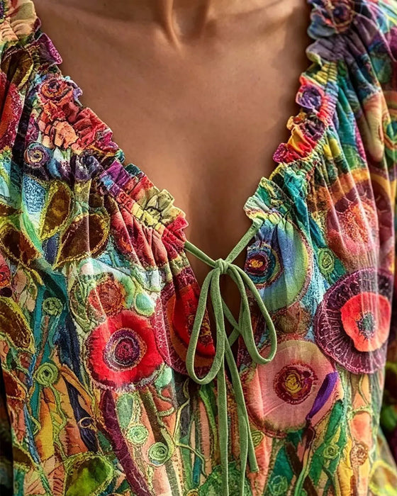 Blus V-Hals Ruffle Puffärm Knyt