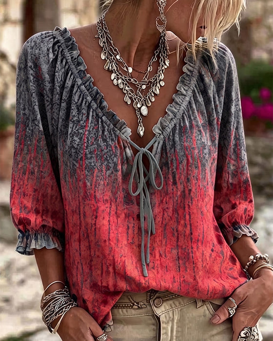 Blus Gradient Tie-Dye Dragsko Tretrekvart Ärm