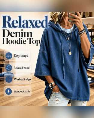 Hoodie Huvförsedd Dragsko Armbågslång Ärm Denim