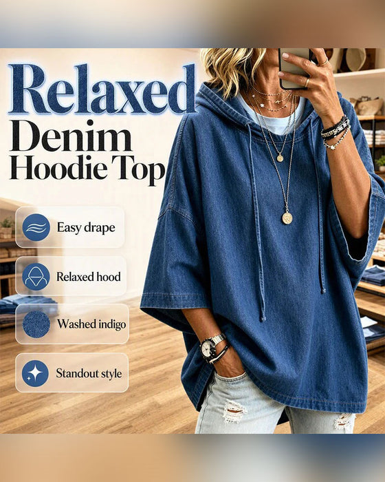 Hoodie Huvförsedd Dragsko Armbågslång Ärm Denim