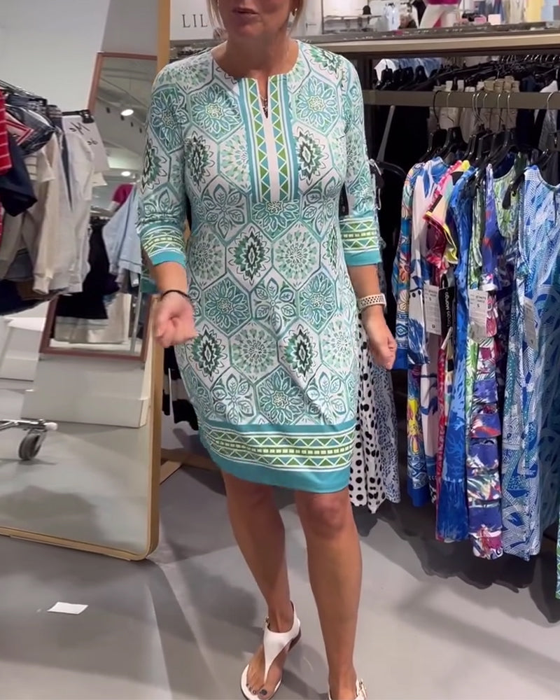 Klänning Cirkeltryck Rund Hals Rak