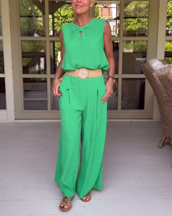 Ärmlöst linne med vida benbyxor med enfärgad och ihålig färg