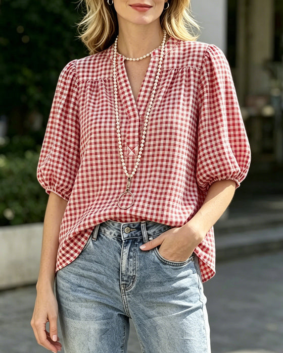 Blus Rutigt Print Puffärm Kortärmad