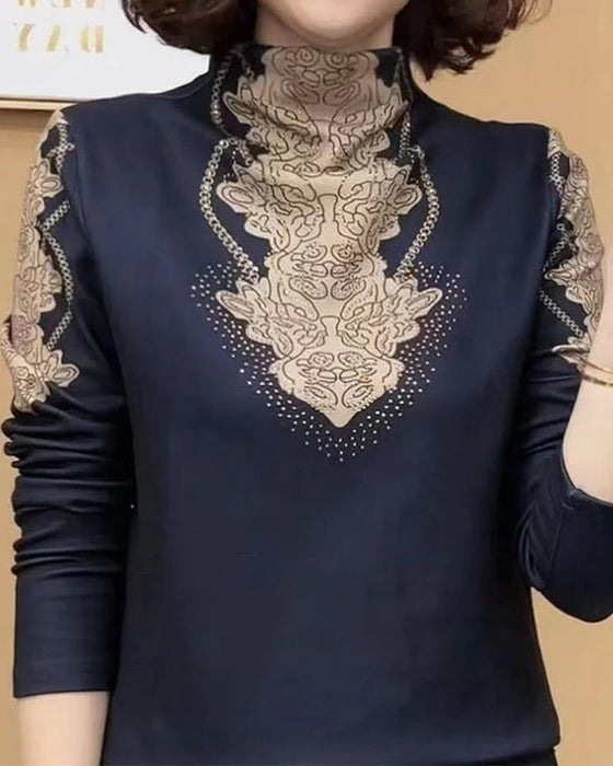 Topp Elegant Tryckt Åtsittande Dam Ståkrage