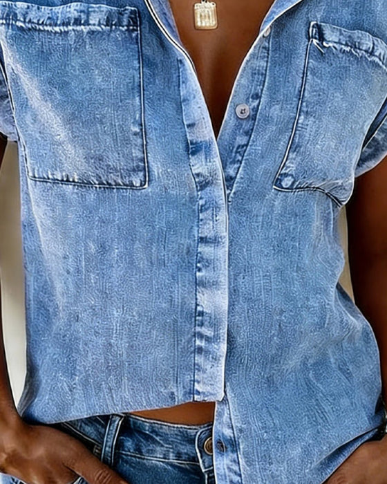 Skjorta Denim Ficka Krage