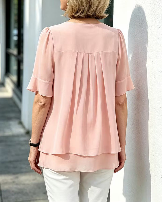 Blus Rundhalsad Rynkad Ruffle