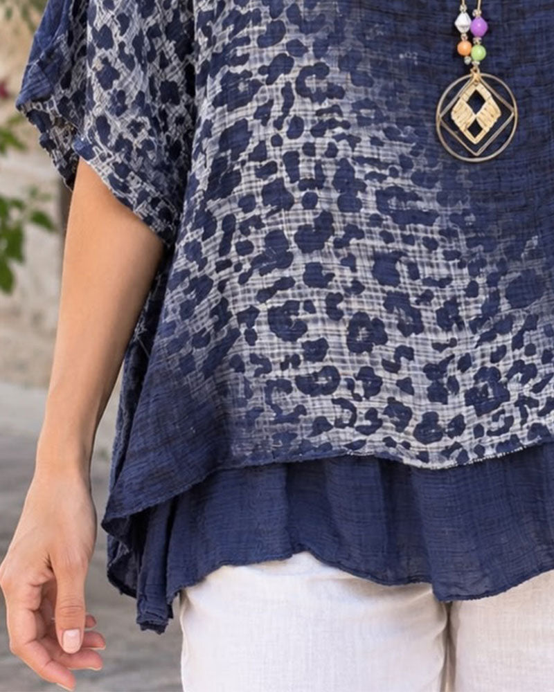 Blouse Gradient Leopard Tryck Halvärm