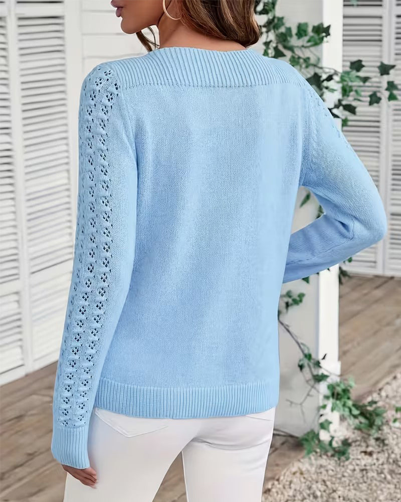 Pullover Båtringning Hål Ut Lång Ärm Stickad