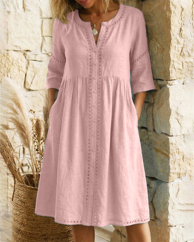 Klänning 100% Bomull Urholkad V-ringning Knapp-Fram