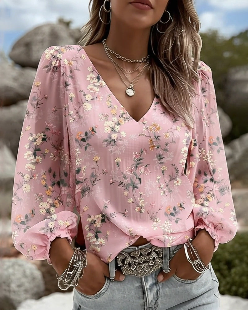 Blus Blommig V-Ringad Puffärm