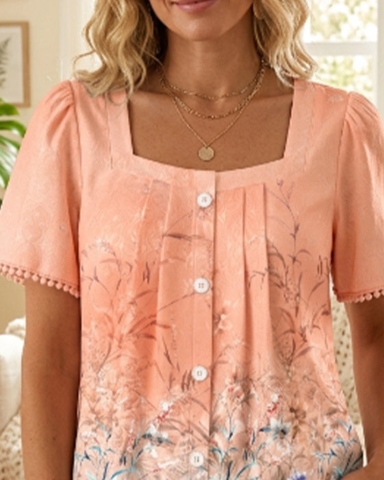 Blus Fyrkantig Hals Rynkad Tryck Fringe