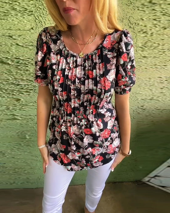 Blus Rund hals Puckad ärm Veckad Blommig