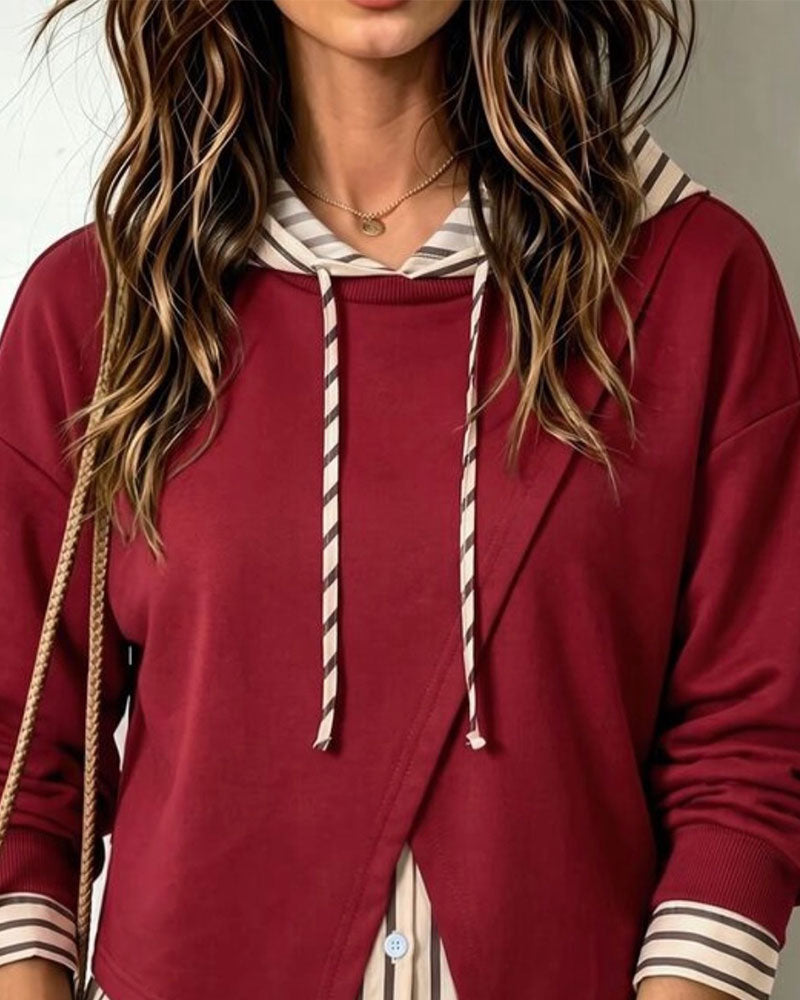Hoodie Falsk Två Delar Randig Patchwork
