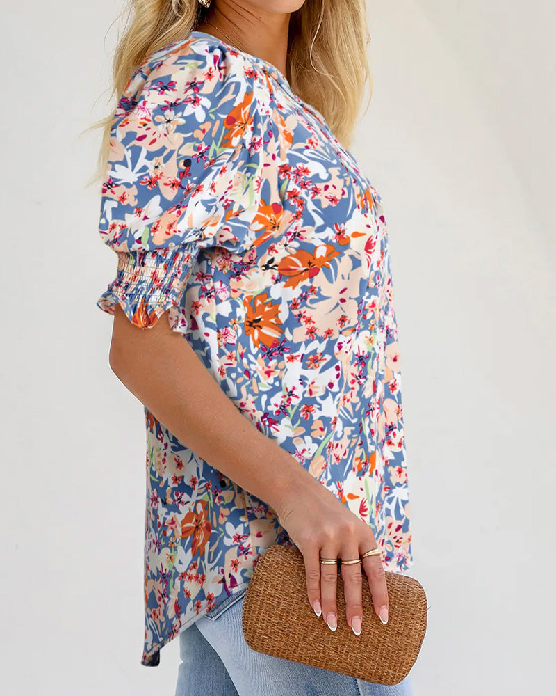 Blus Elegant Småblommigt Mönster