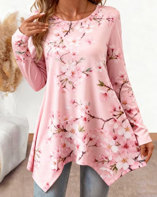 Blus Rundhalsad Blommig Lång Ärm
