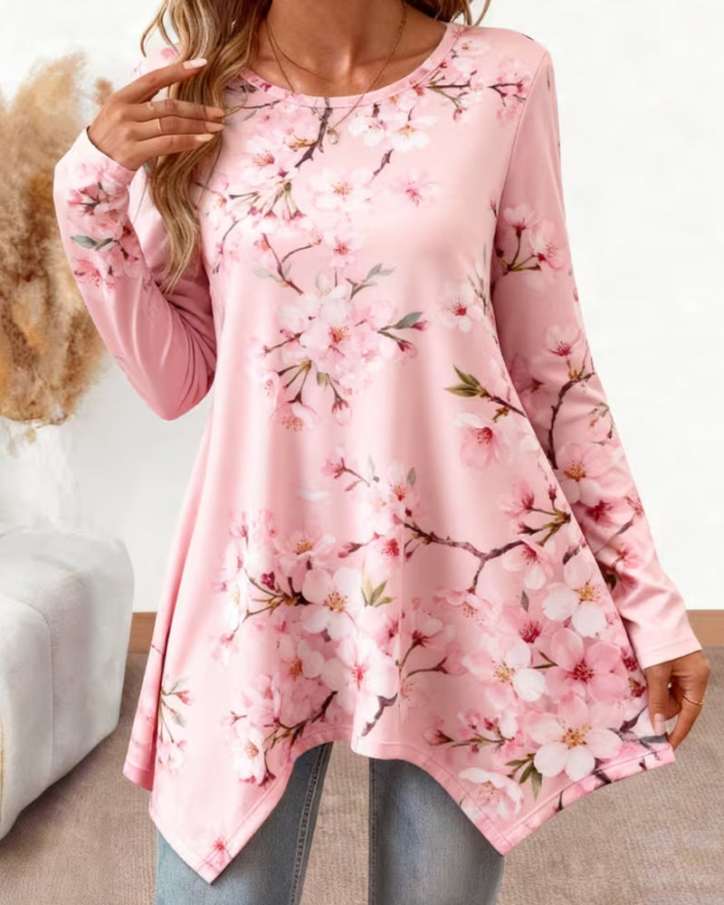Blus Rundhalsad Blommig Lång Ärm